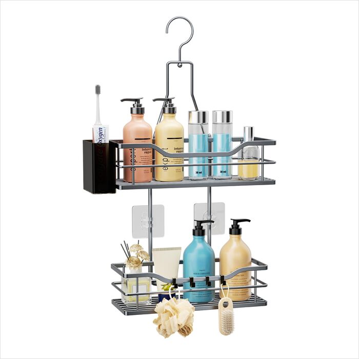Настінна поличка для душу HapiRm з 4 гачками - поворотна 360°, органайзер для шампуню та мийних засобів, сріблястий