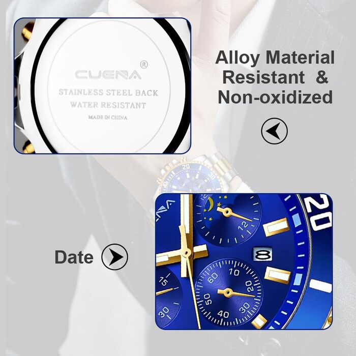 Годинник чоловічий OFF-CUP з датою, кварцовий хронограф, водостійкий, сталевий браслет, класичний стиль, бізнес-годинник (Золотий, Синій)