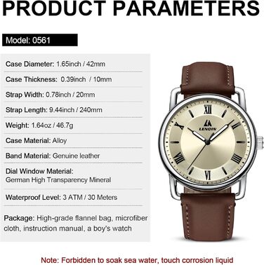 Годинник чоловічий LN LENQIN: аналоговий кварцовий годинник для чоловіків, водонепроникний 30M, з шкіряним ремінцем, стильний бізнес-годинник (Ln-0561, темно-коричневий, срібло, золото)