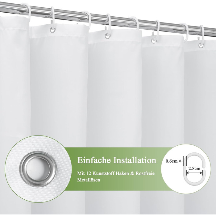 Шторка для душу AooHome 180x200 см, текстиль, сіра. Водостійка, з градієнтом кольору, антигрибкова, з 12 кільцями. Підходить для ванної кімнати.