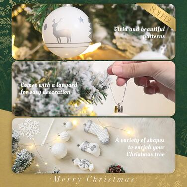 Набір ялинкових прикрас SOLEDI® 128 шт. Преміум якість, пластикові кулі білого кольору з зіркою на верхівку. Міцний та безпечний набір прикрас з петельками. Різнокольорові ялинкові кулі, багаторазовий декор для Різдва.