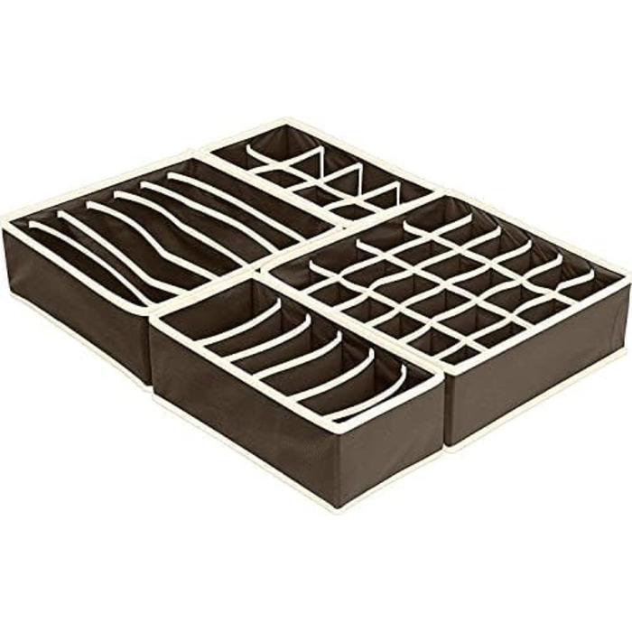 Styleys Set of 4 Foldable Storage Boxes, Drawer Dividers, Odorless Interior Lining, Storage Boxes, Closet Organizer, Under Bed Organizer for Clothes, Shoes, Underwear, Bras (Brown - S1014)
