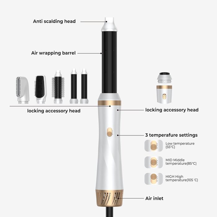 Мультистайлер для волосся 5 в 1 з термощіткою, фен-щіткою, круглою щіткою, плойкою та випрямлячем. Потужність 1000 Вт, 3 температурні режими. Ідеально для об'єму, випрямлення, локонів та сушіння. Білий (білий, рожевий)