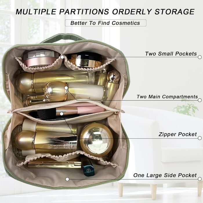 Жіноча косметичка для подорожей з великим об'ємом, водовідштовхуюча, з перегородками, органайзер (кремовий персик, світло-зелений)