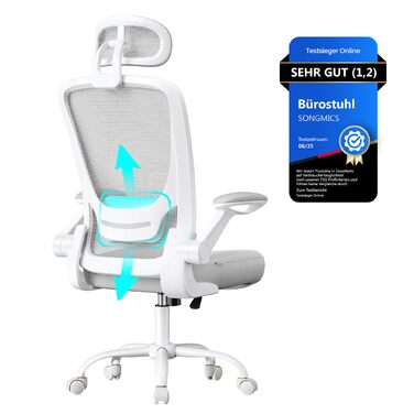 Офісне крісло SONGMICS з ергономічною спинкою з сітки, підпору для попереку та підголівником, функцією гойдання, регульованими підлокітниками, для офісу, спальні, студентів, OBN37BK (Тауновий сірий)