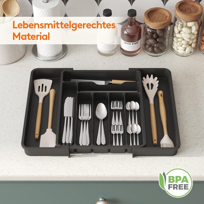 Органайзер для столових приборів Lifewit в шухляду, розсувний, пластиковий, 7-9 відділень, 38-50 см, чорний