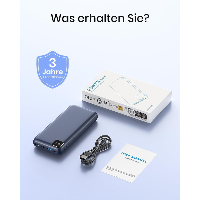 Power Bank A ADDTOP 20000mAh 22.5W USB-C: Зовнішній акумулятор для телефону, портативний зарядний пристрій з 4 портами (Синій)