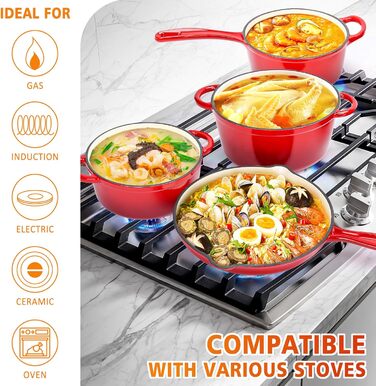 Набір чавунної емальованої посуду Denmay 7 предметів: голландська піч, сковорода, каструля для тушкування, соусник, 3 кришки, червоний. Підходить для всіх типів плит.