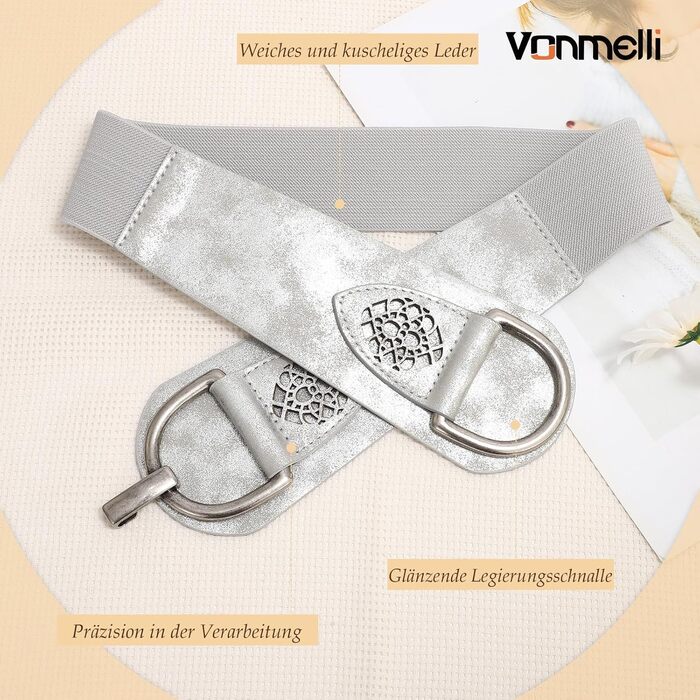 Жіночий ремінь VONMELLI Vintage з широкою талією та товстою пряжкою. Еластичний широкий ремінь для суконь та пальто (Срібло, XXL: обхват талії 119-150 см)
