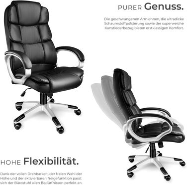 Офісне крісло tectake® з підлокітниками, регулюванням висоти та функцією гойдання, чорне, з підкладкою 12 см, оббивка під шкіру