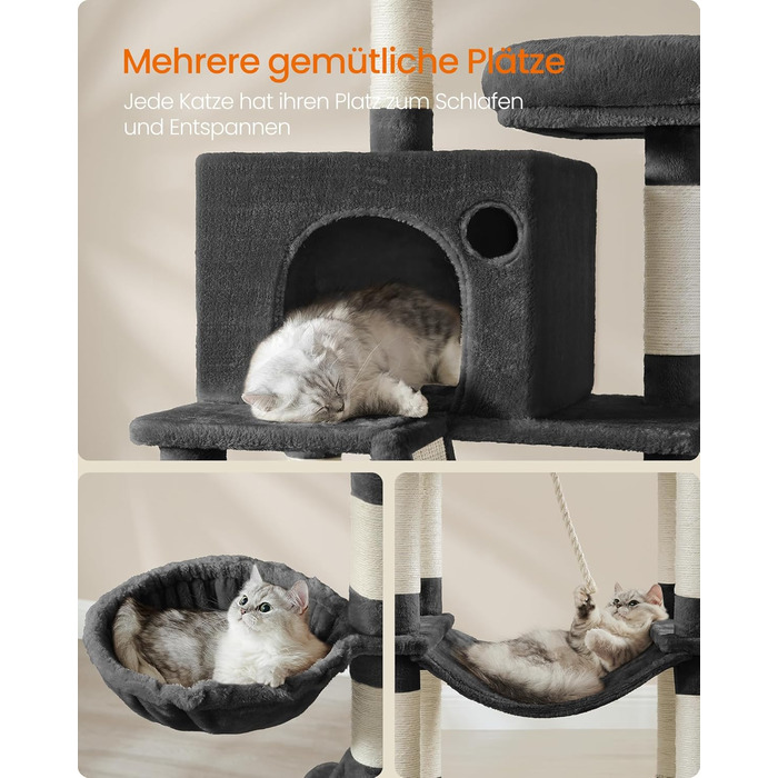 Когтеточка для котів Feandrea XXL, 168 см, з 13 стовпчиками, 2 платформами, 2 печерами, гамаком та іграшками, PCT165G01 (чорний)