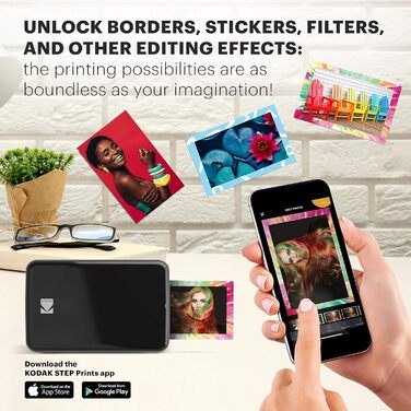 KODAK Step: Портативний принтер для фото з телефону - Друкує фото 2x3” на клейкій папері ZINK - Bluetooth, сумісний з iOS та Android - Чорний