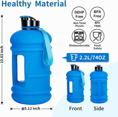 TOOFEEL Water Bottle 2L - 2 Liter Water Bottle BPA Free, Large Bottle, Reusable Sports Water Bottle with Marked Measurements, Gym Water Bottle - (Matte Dark Blue, 1893 ml)