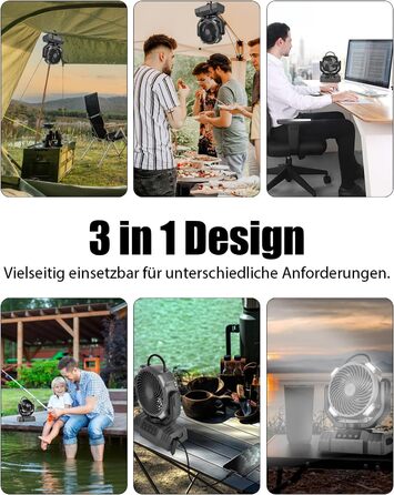 Портативний вентилятор для кемпінгу з акумулятором 10000mAh, LED-ліхтар, 270° обертання, USB-зарядка, для намету, відпочинку на природі, риболовлі, офісу (Чорний)