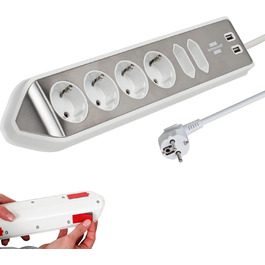 Бренненштуль Estilo Розподільний блок розеток кутовий 6-фазний (настільна розетка з поверхнею з нержавіючої сталі для кухні/офісу, 4 розетки з заземленням, 2 розетки Euro, 2 USB) Срібно/білий USB A срібно/білий
