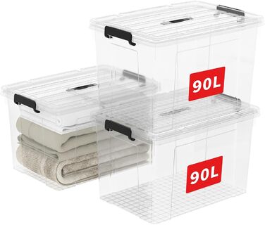Cetomo 90L*3 Storage Boxes, Portable Plastic Boxes with Lids, Organizer Containers with Handles and Clips, Stackable, Nestable, for Home and Office, Transparent, 90L - 3 Pack
