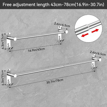 Висувна тримач для рушників 43-78 см, нержавіюча сталь, без свердління, для ванної кімнати та кухні