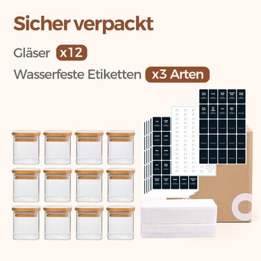Набір скляних баночок для спецій ComSaf 120 мл (12 шт.) з етикетками, дерев'яними кришками та щільним закриттям