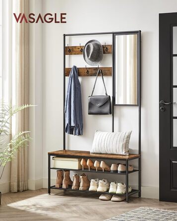 VASAGLE Clothes Rack, Coat Rack, Coat Stand with Hooks, Mirror, Bench, 35 x 98 x 180 cm, for Entryway, Bedroom, Living Room, Modern, Oak-White HSR415W09 (Rustic Brown + Black)