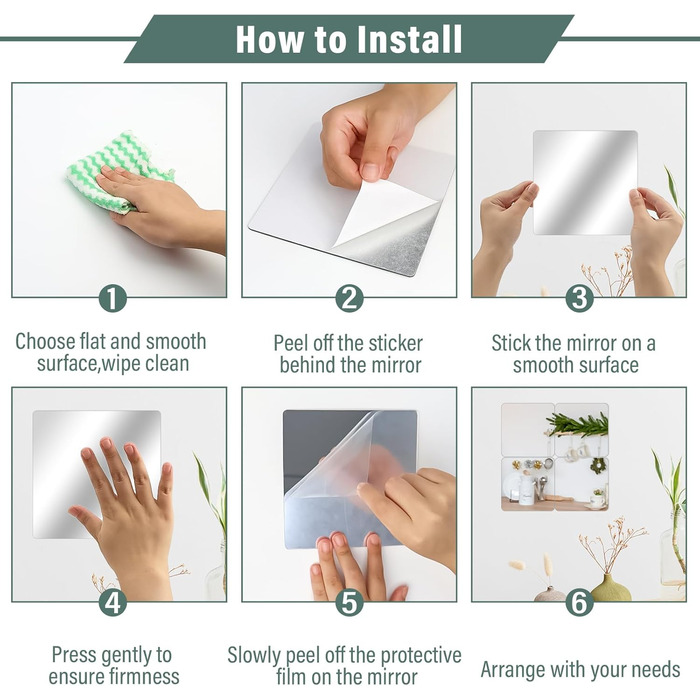 Клейкі дзеркала 10 шт., 20x20 см, 2 мм акрил, самоклеючі дзеркала для ванної, вітальні, спальні, шафи