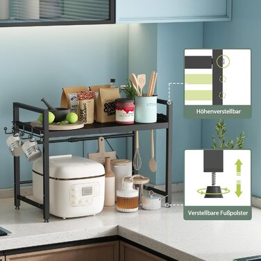 Регульована підставка для мікрохвильової печі NETEL 2-ярусна, кухонна полиця над мікрохвильовою печчю, полиця для робочої поверхні, висувна 40-60 см, з тримачем для напоїв та кошиком, чорний