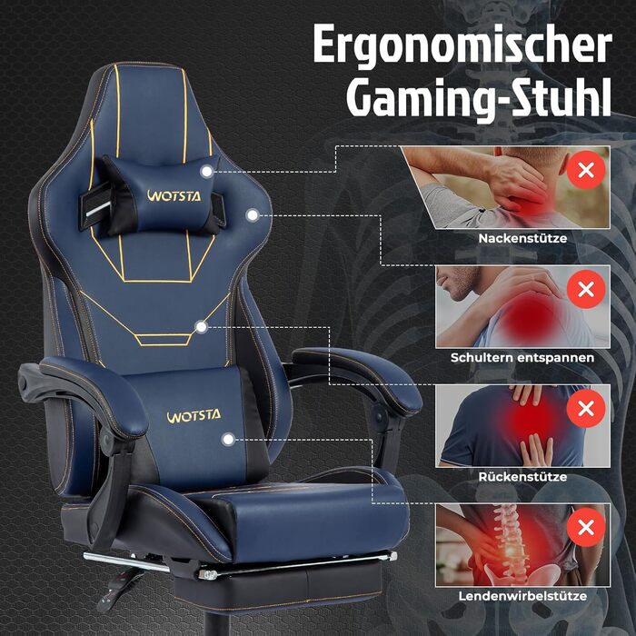 Геймерське крісло Ergonomisch з підставкою для ніг, регульованою висотою, блакитне. Офісне крісло з підтримкою попереку для комп'ютера