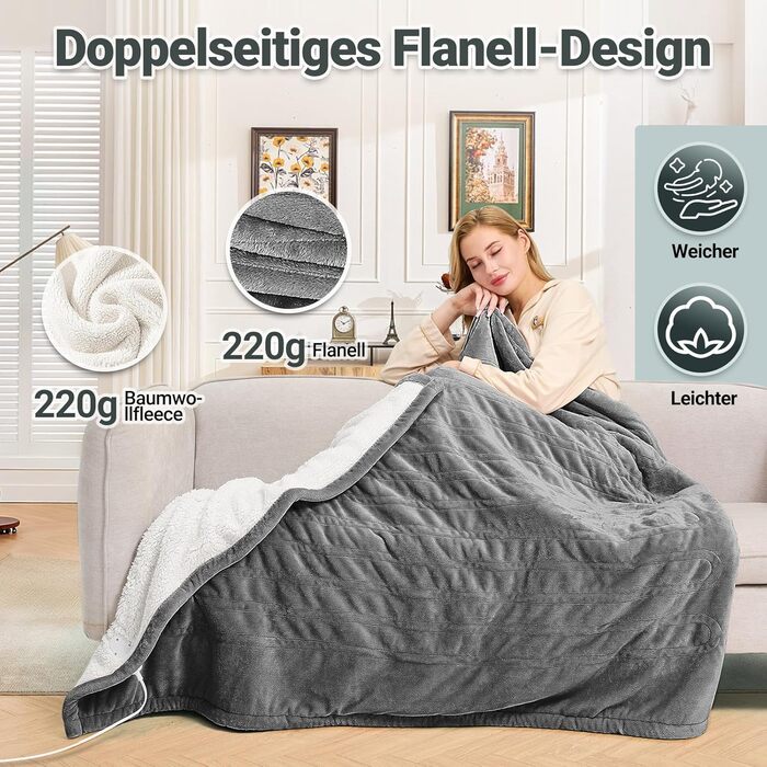 Електрична ковдра Charmofun з автовимкненням, 130x180 см, 8 режимів нагріву, таймер 12 годин, пральна машина, флісова тепла ковдра для ліжка, дивана, офісу (темно-сірий)