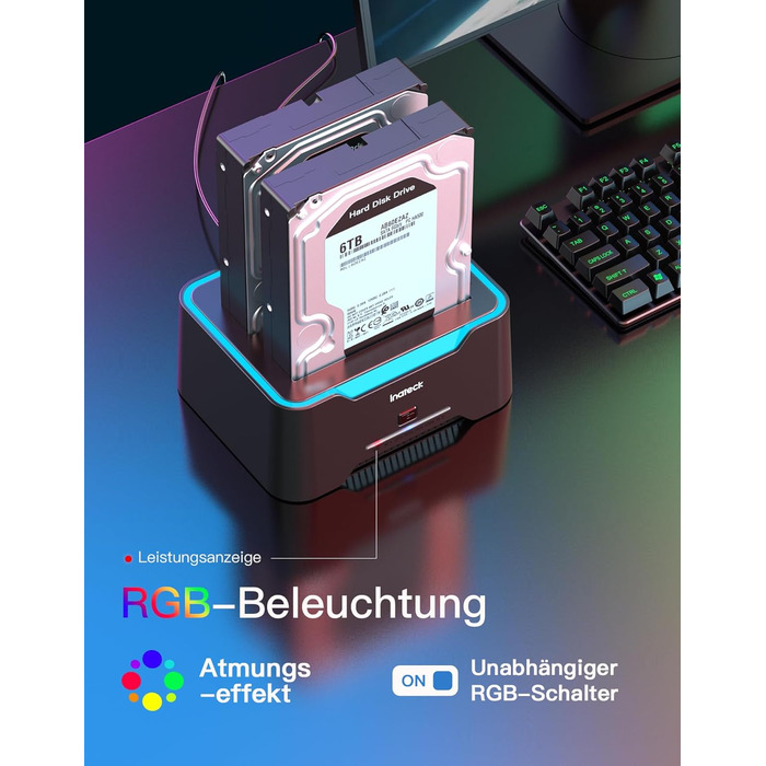 Док-станція Inateck USB 3.0 для HDD/SSD 2.5/3.5 дюймів, Dual-Dock, підтримка Offline-клонування, RGB, SA02002