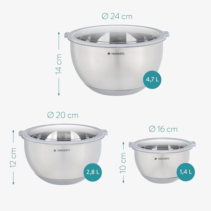 Navaris Stainless Steel Bowl Set with Lid - 3-Piece Mixing Bowl Salad Bowl - Stainless Steel Bowl Bowl Set Container in Grey