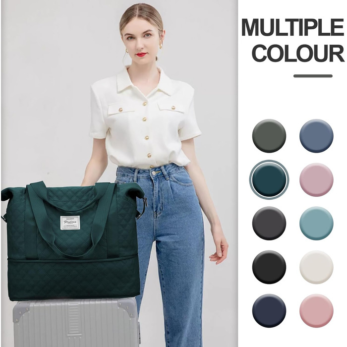 Спортивна сумка для жінок, дорожня сумка-дуфіль, фітнес-сумка, дорожня сумка-валіза, водонепроникна, з кульбакою та сумочкою для мокрих речей, бежева (F8-pfauenblau), з розширенням та кульбакою