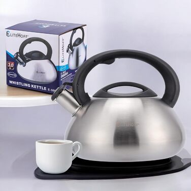 Електричний чайник EliteHoff 3L з нержавіючої сталі з автоматичним свистком, срібного кольору, для індукційних плит (E-5114)