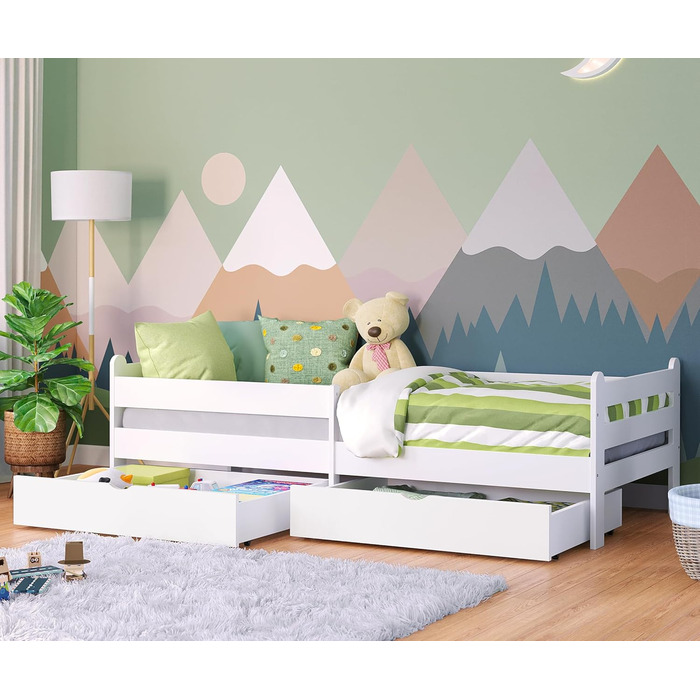 Bellabino Kinderbett Kuru 90x200 with 2 Drawers, Single Bed for Children incl. Fall Protection and Slatted Frame, White Children's Bed, Bed for Boys and Girls with Drawers White