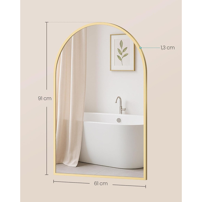Дзеркало для ванної кімнати SONGMICS, настінне, з алюмінієвою рамою, 91 x 61 см, з захисною плівкою, 2 способи кріплення, для ванної, спальні, вітальні, LWM010BD01 (овальне, світло-золоте)