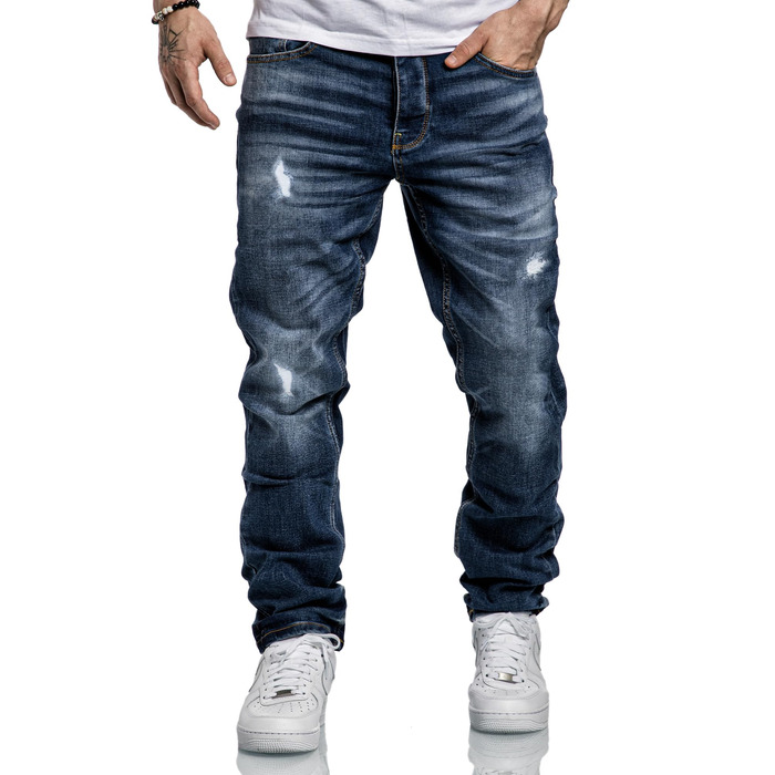 Чоловічі джинси Regular Straight Fit Denim Hose R7998, темно-сині (38W/34L), з ефектом зношеності