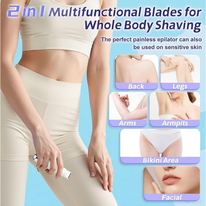 Електричний жіночий тример для тіла 2-в-1, IPX8, для бікіні-зони, обличчя та тіла, водонепроникний, для чутливої шкіри (білий)