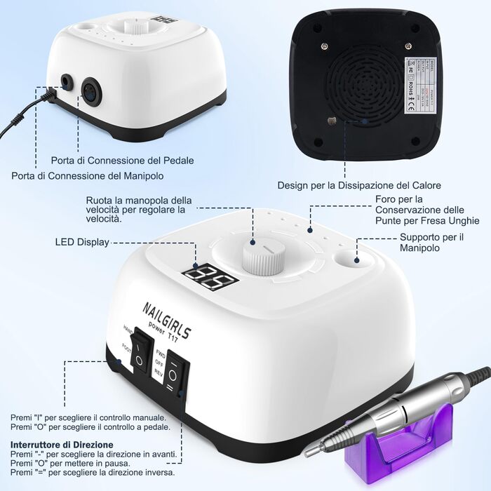 Електрична машинка для манікюру та педикюру Nailgirls 11 в 1 з LED-дисплеєм та педаллю, 35000 об/хв, для гелю та акрилу