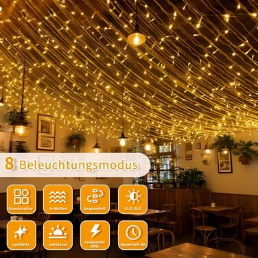LED гірлянда 20м, 200 LED, тепле біле світло, 8 режимів, таймер, пульт, IP44, для декору, вечірки, саду, Різдва