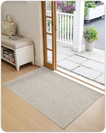 Килимок для дому COLOR&GEOMETRY Ultradünne Innentürmatte 43x76 см, машинного прання та антиковзаюча підлога, плоский килимок для приміщень, вбираючий килим для паркету, коридору (складений) (Білий, Бежевий, 61 x 91 см)