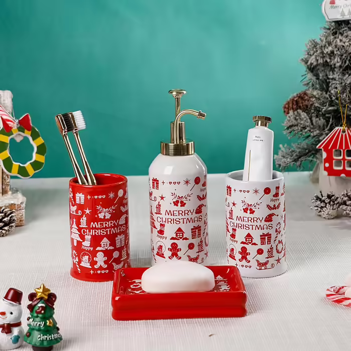 4-Piece Ceramic Bathroom Set, Artistic Line Face Bathroom Accessories Set with Soap Dispenser, Toothbrush Holder, Cup, Soap Dish, Abstract Bathroom Set for Decor, Cream (Merry Christmas)