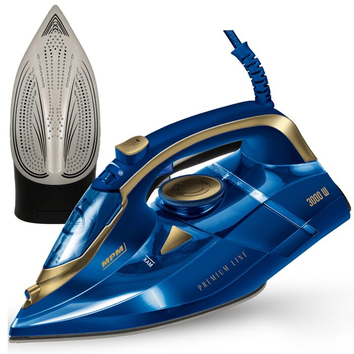 Праска MPM MZE-24/G з керамічною підошвою, 3000 Вт, 190 г/хв, 300 мл, вертикальне прасування, автовимкнення, блакитна