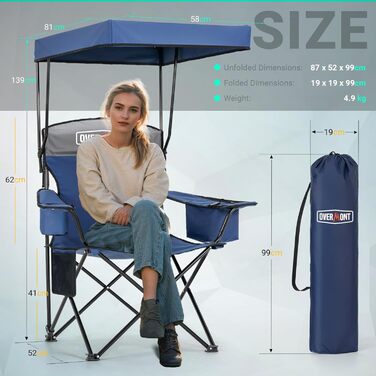 Кемпінговий стілець Overmont зі спадковим дахом, підсклянником та охолоджуючим кишенем - блакитно-сірий