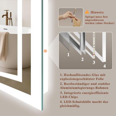 Дзеркало для ванної кімнати з підсвічуванням LED, антизапітніння, сенсорний вимикач, регулювання яскравості, 3 кольори світла, овальне, 50x70 см