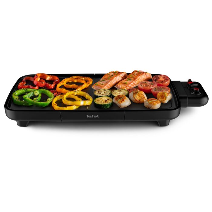Тіфаль Plancha Booster Tischgrill: електричний гриль-стіл, 2200 Вт, велика поверхня, зона Boost, 6 температурних режимів, знімні антипригарні пластини, піддон для жиру, Thermo-Spot, чорний, CB6428