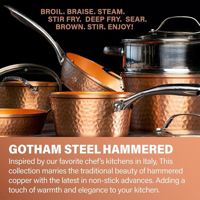 Сковорода Gotham Steel 12 дюймів з антипригарним покриттям та кришкою, Hammered Copper Collection, преміум-алюмінієве посуд з нержавіючою сталею, індукційна плита для рівномірного нагрівання (25,4 см)