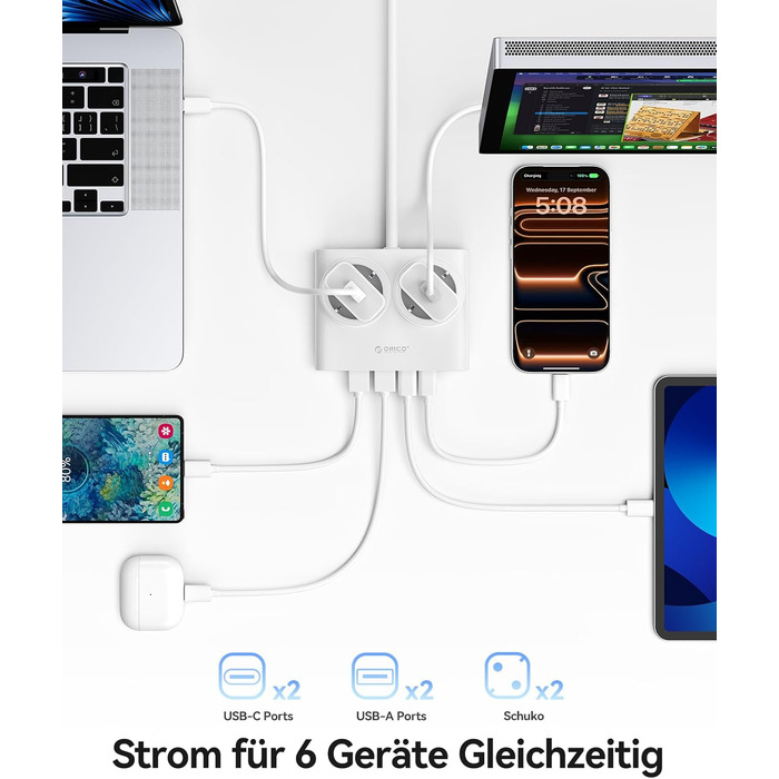 Мережевий адаптер ORICO 25W GaN 6-в-1 білий з 2 розетками AC, 4 USB (2 USB-C PD), кабелем 1.6м, 2500W для дому/офісу