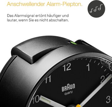 Braun Classic Analog Alarm Clock with Snooze Function and Light, Silent Quartz Movement, Crescendo Alarm in Black, Model BC01B.