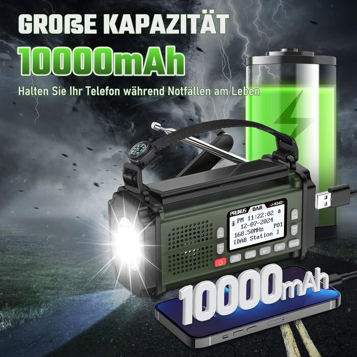 Радіоприймач PRUNUS J-924D: DAB+/UKW, радіоприймач-кринка з акумулятором 10000mAh, Bluetooth, ліхтарик, SOS, зарядка для телефону. Зелений