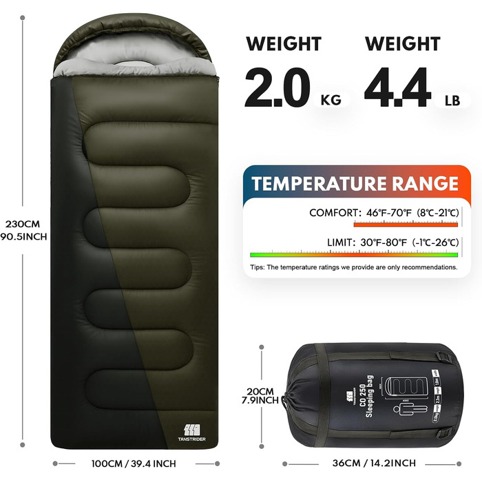Зимовий спальний мішок для дорослих 0°C XXL, теплий кемпінговий спальник з компресійним мішком для походів, мисливства та подорожей, армійний зелений, 2 кг