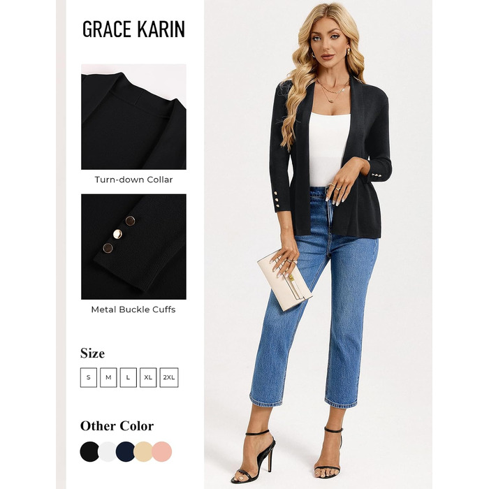 Жіноча легка кардиган Grace Karin 3/4 рукав, чорний. Літній в'язаний топ