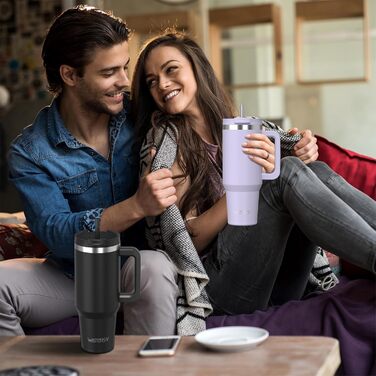 Термокружка WATERSY 1.2л з 2 трубочками, виготовлена з нержавіючої сталі, з витіканням, для кави та напоїв To Go, вакуумна ізоляція, без BPA, з кришкою, що закручується, охолоджує до 12 годин, ретро-дизайн, зелений/фіолетовий